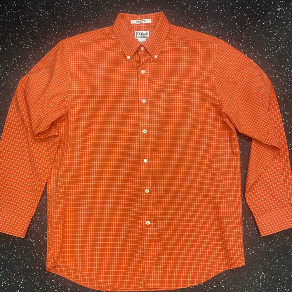 L.L. Bean Men's Vibrant Orange Plaid Shirt Wrinkle Free SZ Med- Reg